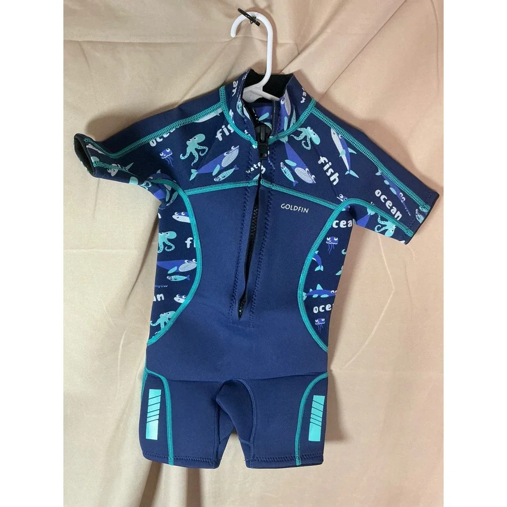Goldfin Wetsuit Kids Size 2 Blue Excellent Shorty Neoprene Front Zip Shark Print
